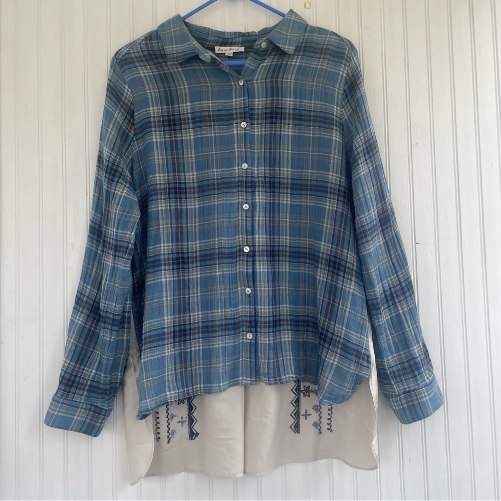 Jane and Delancey Blue Plaid Mixed Media Buttondown Shirt Size Large